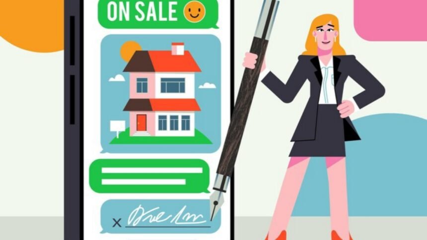 Flat Design Realtor Assistance with Woman and Pen